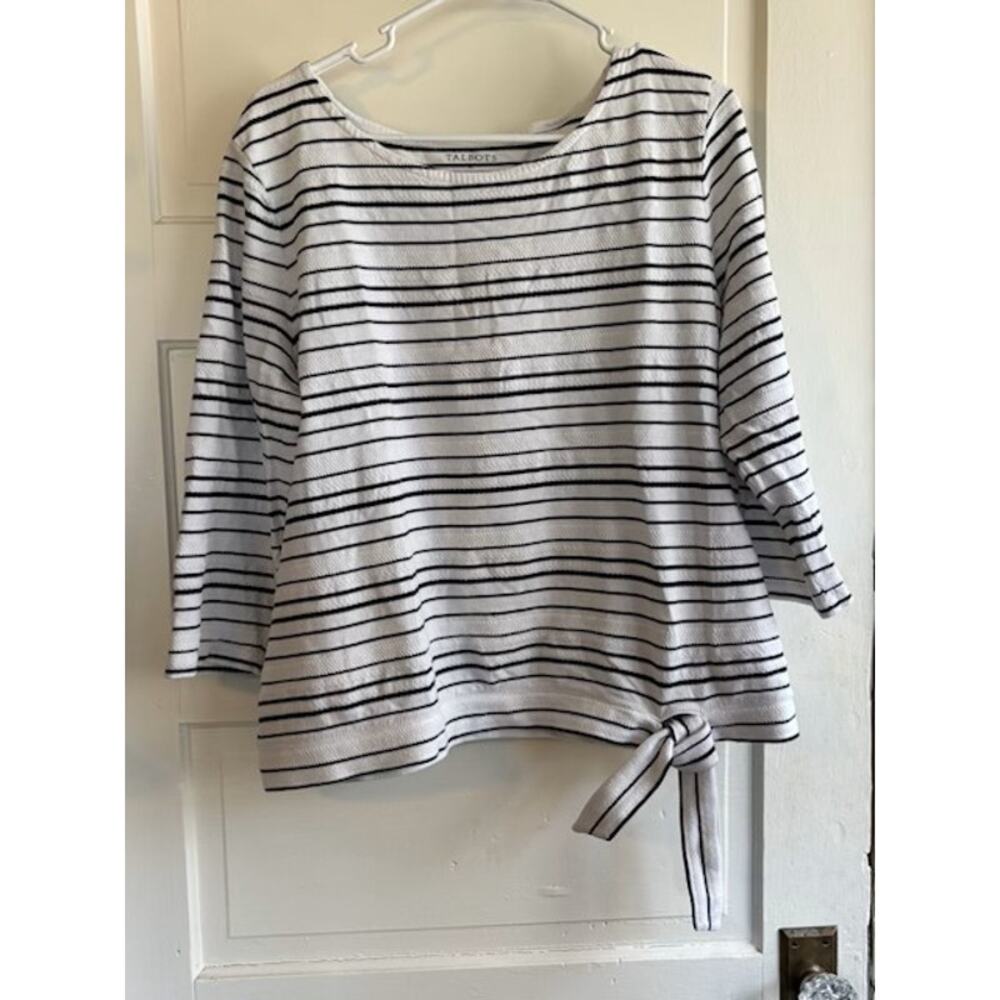 Talbots Size X-Large 100% Cotton Top 3/4 Sleeves White w/ Blue Stripes